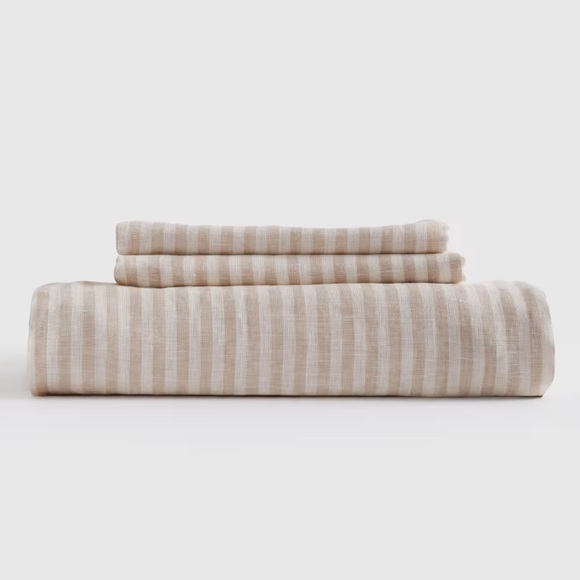 NWOT QUINCE European Linen Fitted Sheet Set King Natural White Stripe 0729 - Picture 1 of 8
